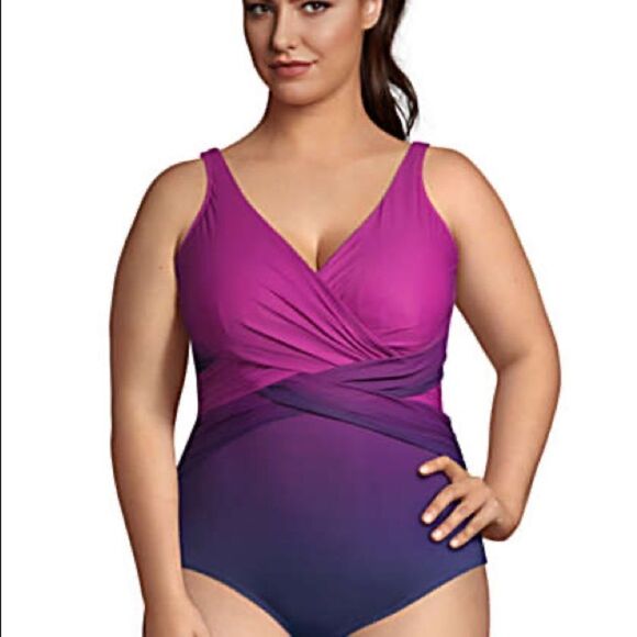 Land’s End Plus size Slenderize one piece Swim Ombré crossover soft cup 12DD - Picture 4 of 6